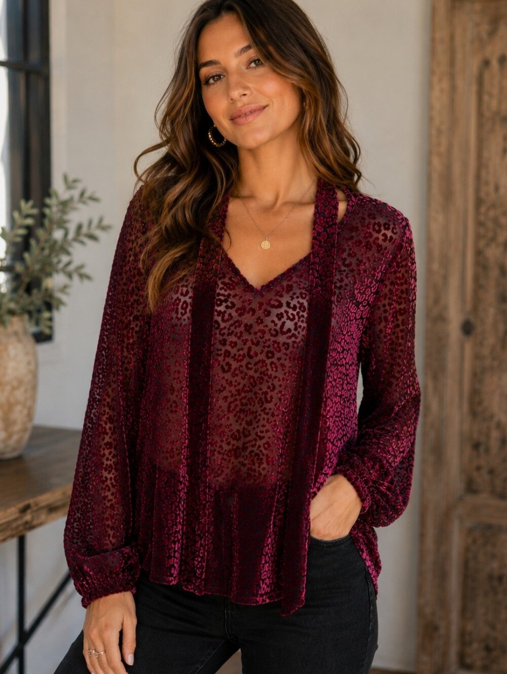 Etcetera Top Burnout Velvet Cheetah Burgundy Black Balloon Puff Long Sleeve 10